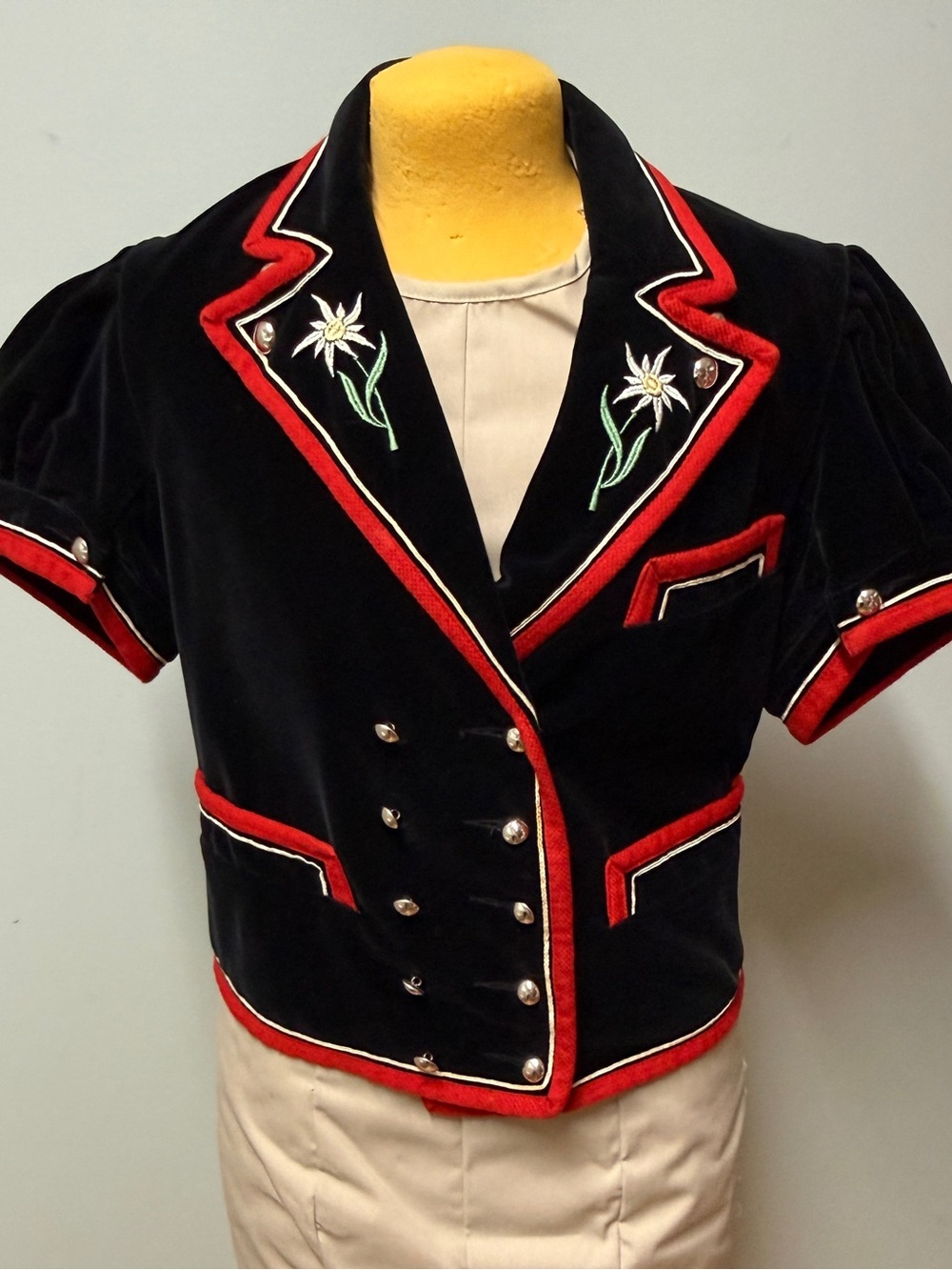 Vintage Black Velvet Blazer with Red Trim and Floral Embroidery